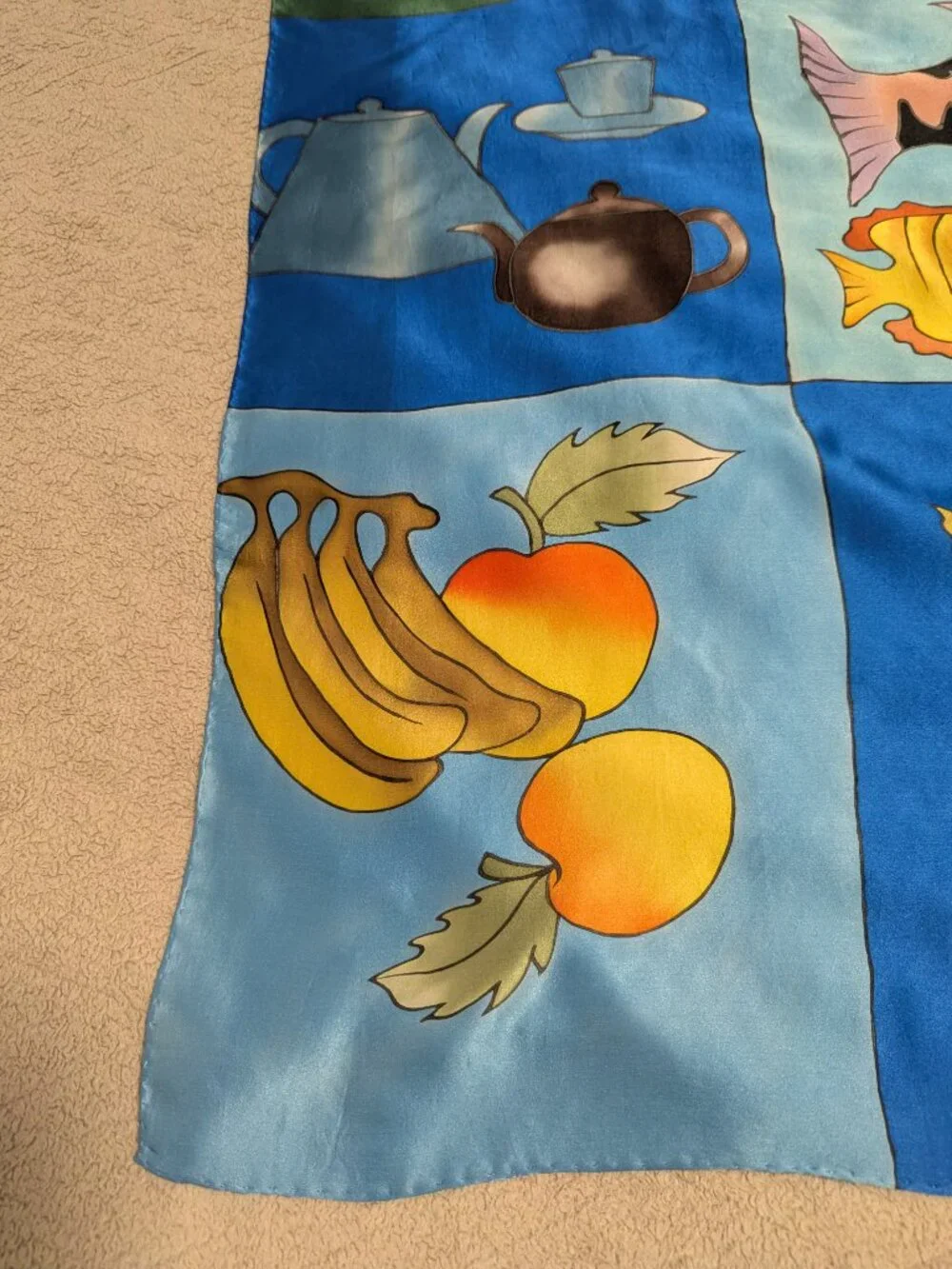 Vintage Hand Painted Silk Scarf 33x36 Abstract Butterfly Fish Floral 100% Silk